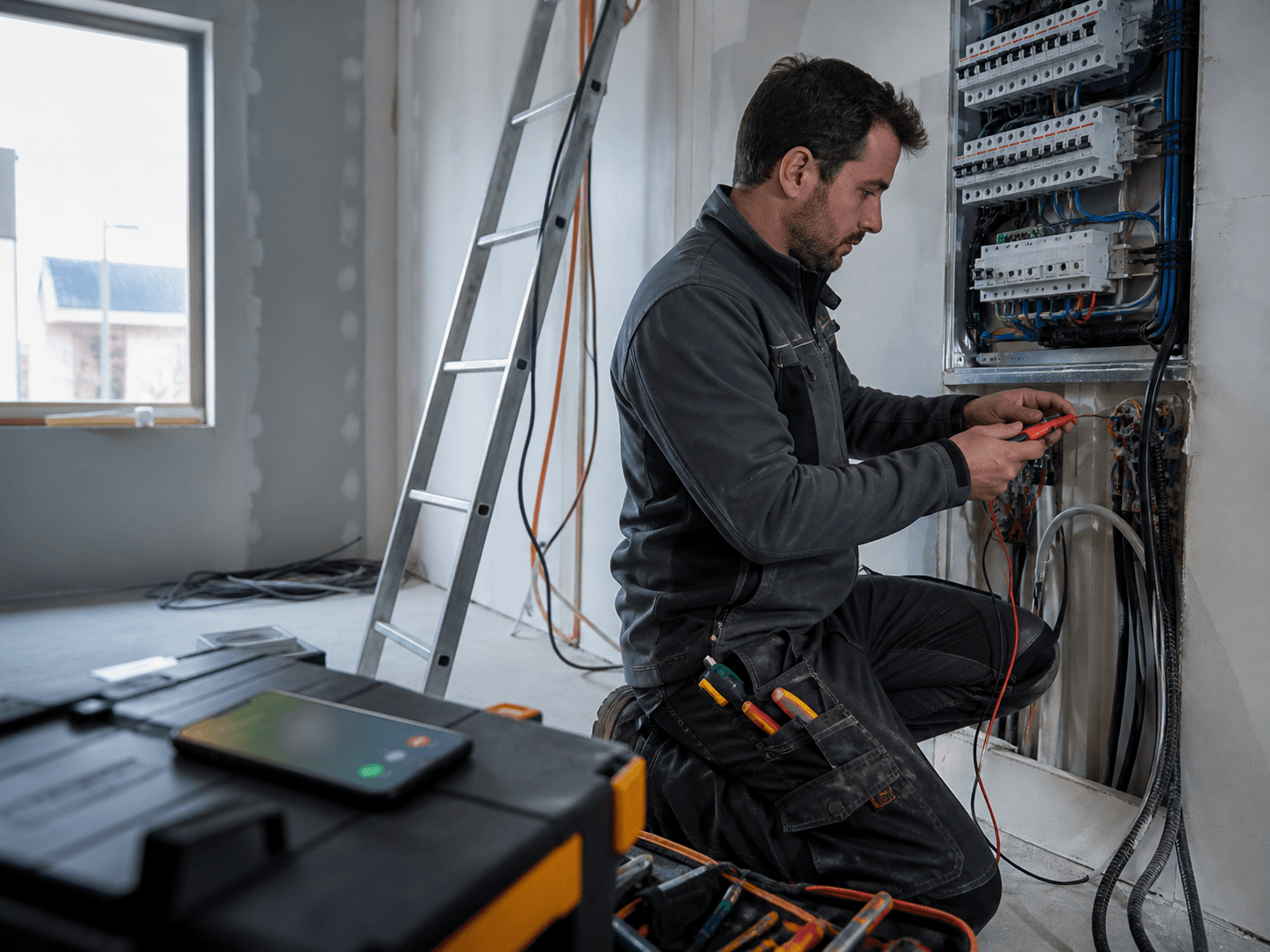 Mise en situation : un électricien travaille pendant qu'un téléphone sonne hors de portée